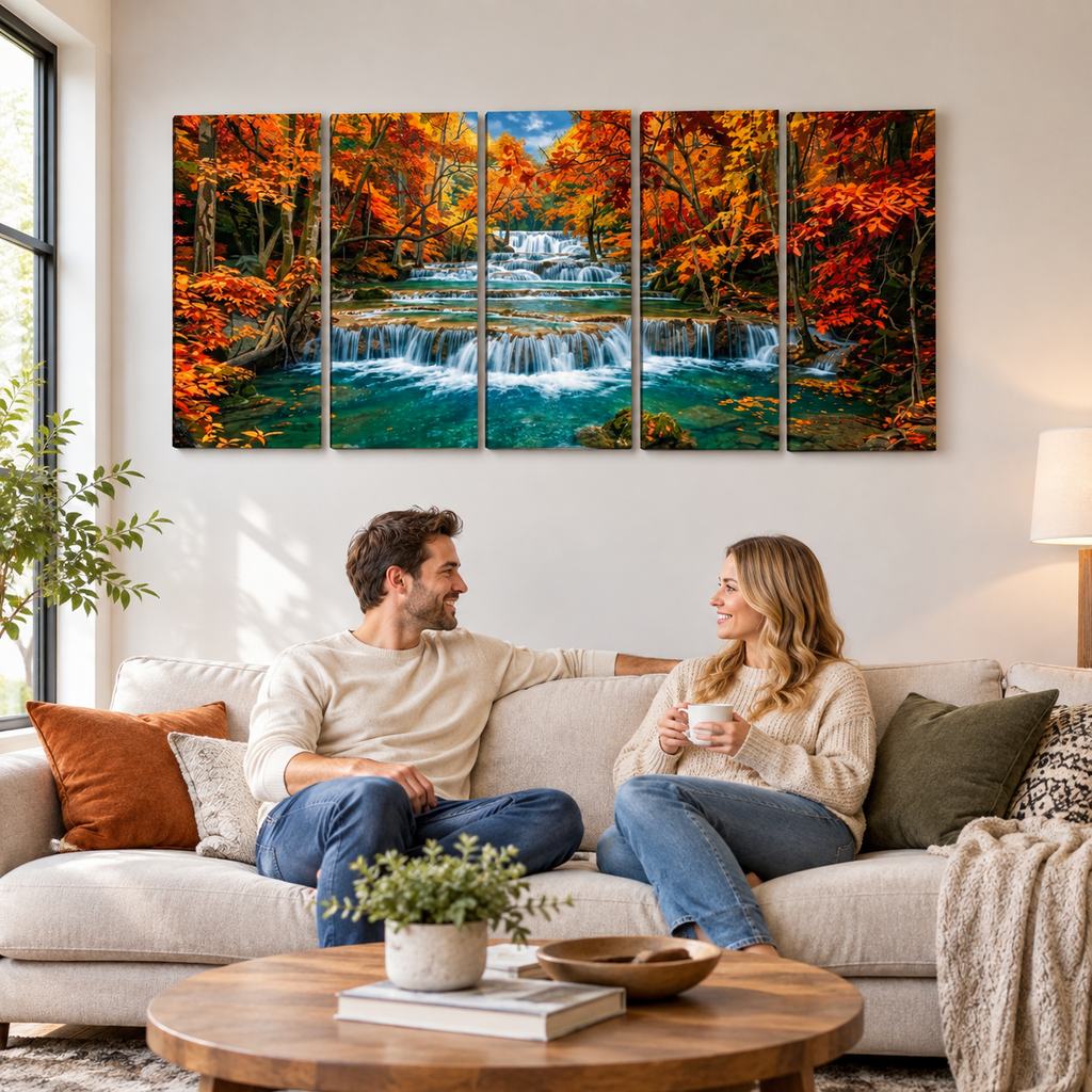 Huay Mae Khamin Falls Autumn Waterfall Canvas Wall Art | 5-Panel Level, Diamond & Staggered | 3 & 1 Panel