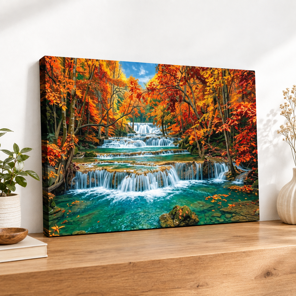 Huay Mae Khamin Falls Autumn Waterfall Canvas Wall Art | 5-Panel Level, Diamond & Staggered | 3 & 1 Panel