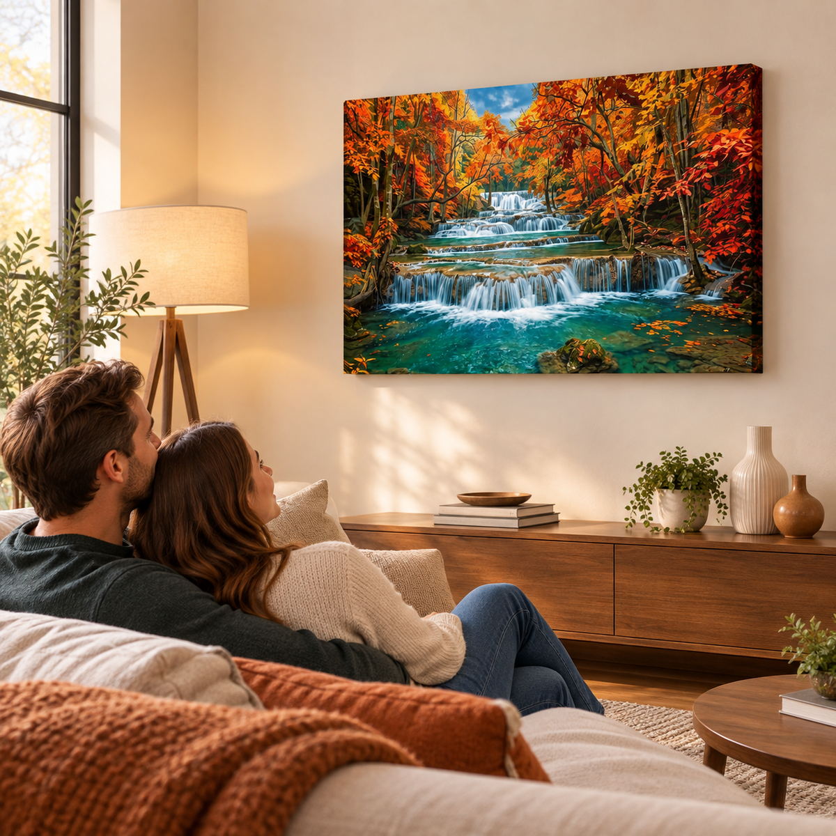Huay Mae Khamin Falls Autumn Waterfall Canvas Wall Art | 5-Panel Level, Diamond & Staggered | 3 & 1 Panel
