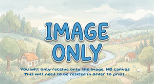 A cartoon-style landscape illustration with large blue text reading “IMAGE ONLY” and smaller text below stating that the image will be resized for print. The scene shows a pastel village, trees, mountains, and a winding river.