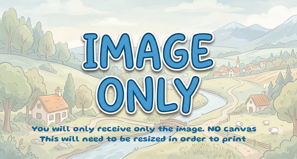 A landscape illustration with large blue text reading “IMAGE ONLY” and smaller text below stating that the image will need to be resized for print. The scene shows a stylized countryside with hills, trees, houses, a winding river, and distant mountains.