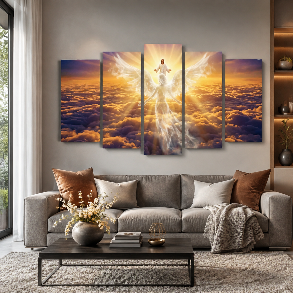 A 5-panel canvas wall art set depicting a glowing angel with wings above a sea of clouds at sunset, displayed on a gray wall above a modern gray sofa in a styled living room.