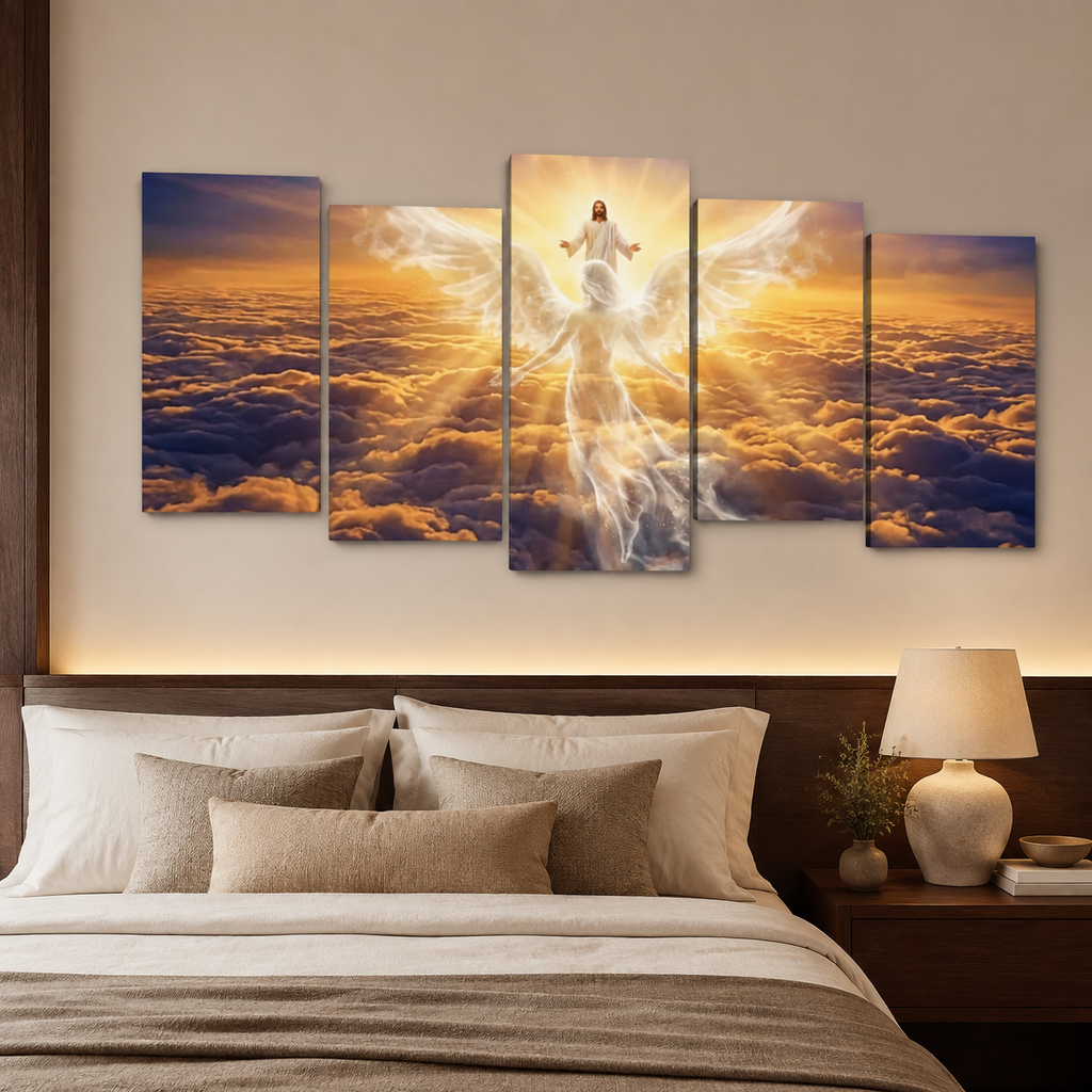 A five-panel canvas wall art set depicting a glowing angel figure above a sea of clouds, displayed in a bedroom setting above a bed with pillows and a bedside lamp.