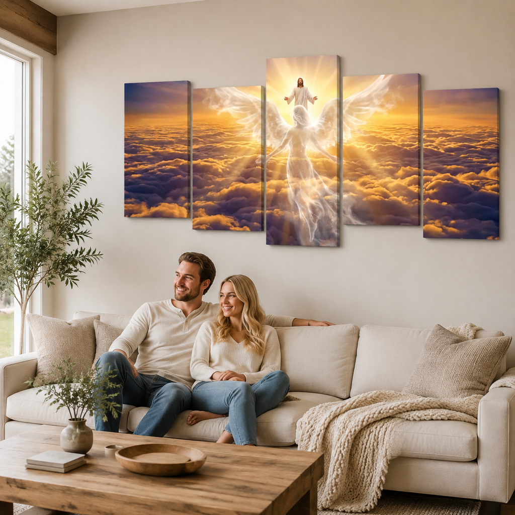 A five-panel canvas wall art set depicting a glowing angel figure above a sea of clouds at sunset, displayed on a beige wall above a living room sofa with a couple sitting underneath.