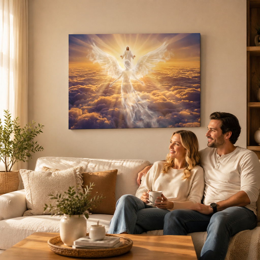 Jesus & Angel Heaven Golden Hour Above the Clouds Canvas Wall Art
