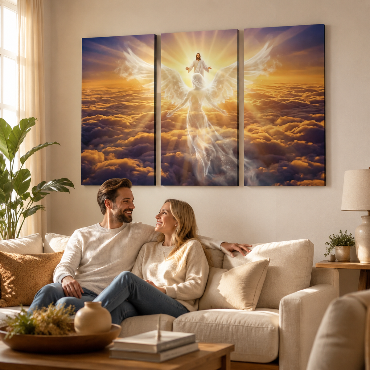 Jesus & Angel Heaven Golden Hour Above the Clouds Canvas Wall Art