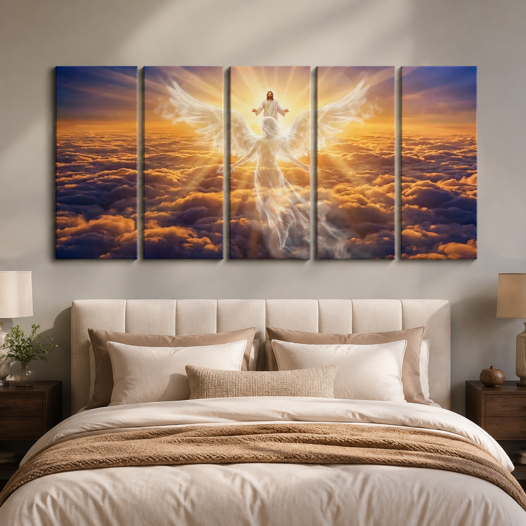 Jesus & Angel Heaven Golden Hour Above the Clouds Canvas Wall Art