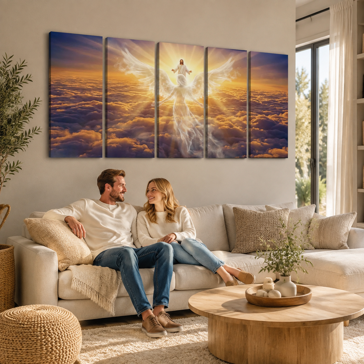 Jesus & Angel Heaven Golden Hour Above the Clouds Canvas Wall Art