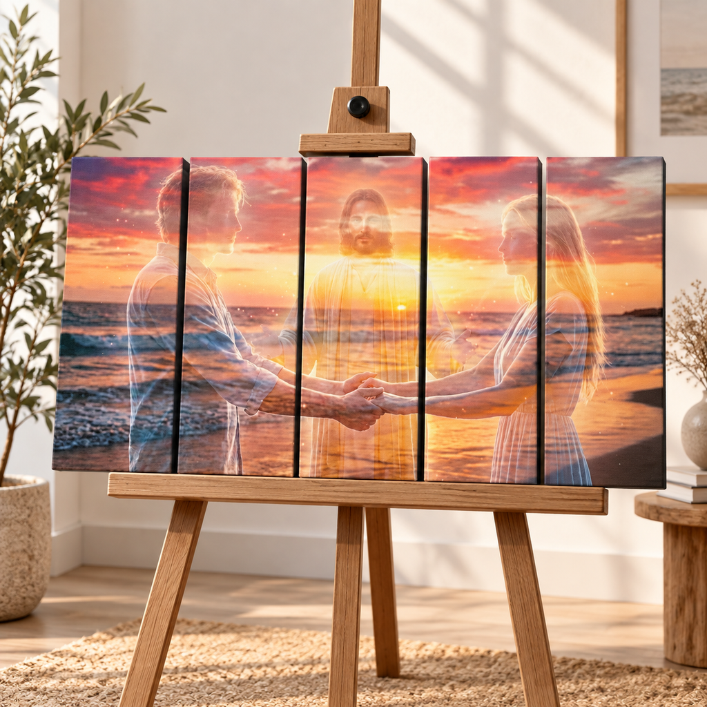 Jesus Christ Loving Couple Sunset Beach 5 Panel Level Canvas Wall Art