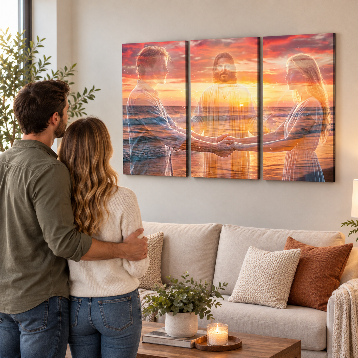 Jesus Christ Loving Couple Sunset Beach 5 Panel Level Canvas Wall Art