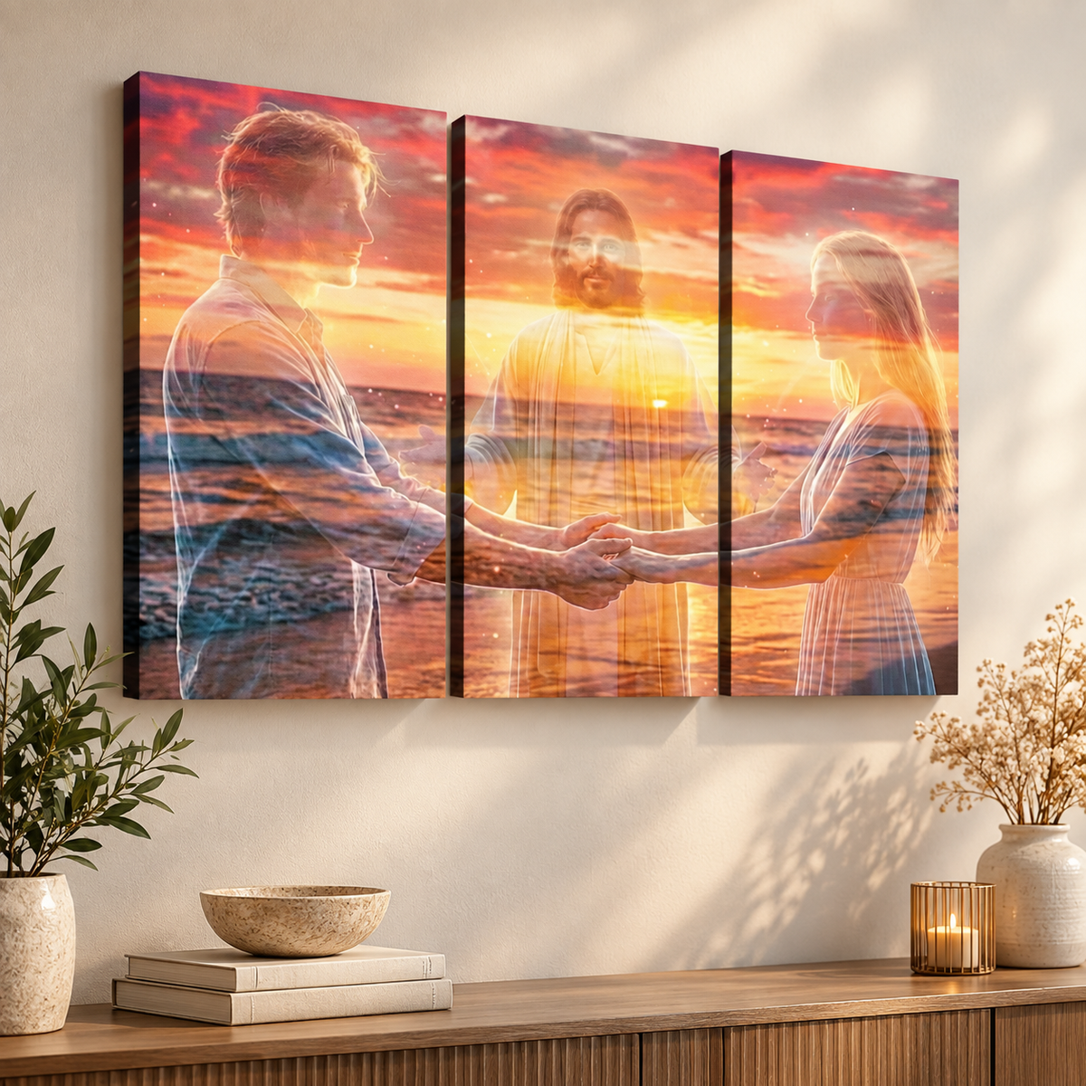 Jesus Christ Loving Couple Sunset Beach 5 Panel Level Canvas Wall Art