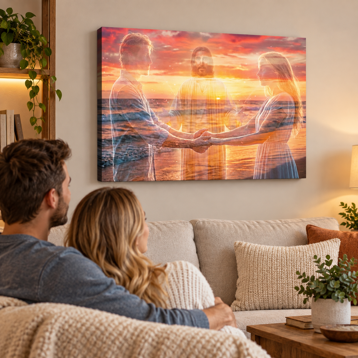 Jesus Christ Loving Couple Sunset Beach 5 Panel Level Canvas Wall Art