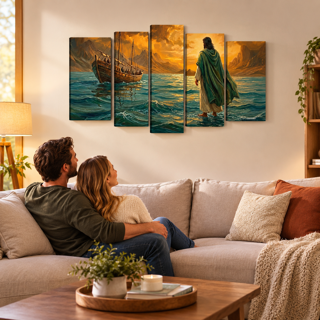 Jesus Walking on Water Stormy Seas Canvas Wall Art | 5-Panel Level & Diamond | 3 & 1 Panel