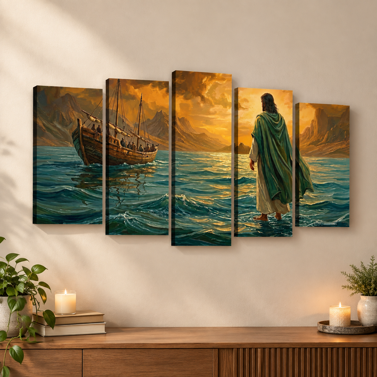 Jesus Walking on Water Stormy Seas Canvas Wall Art | 5-Panel Level & Diamond | 3 & 1 Panel