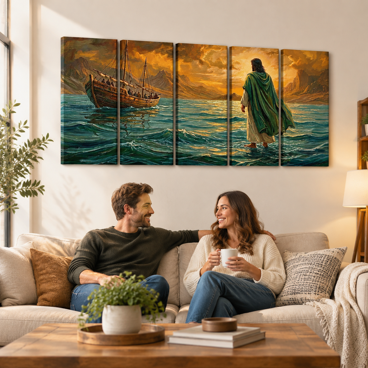 Jesus Walking on Water Stormy Seas Canvas Wall Art | 5-Panel Level & Diamond | 3 & 1 Panel