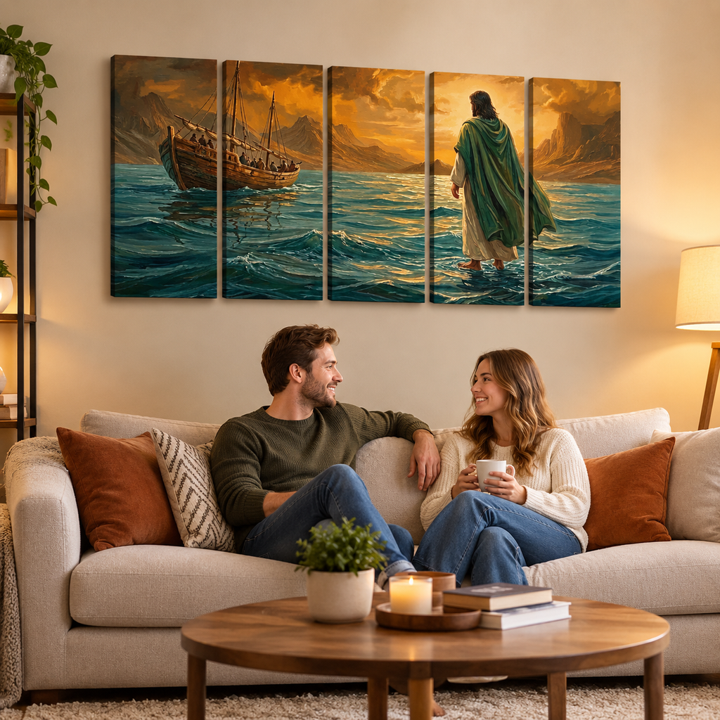 Jesus Walking on Water Stormy Seas Canvas Wall Art | 5-Panel Level & Diamond | 3 & 1 Panel