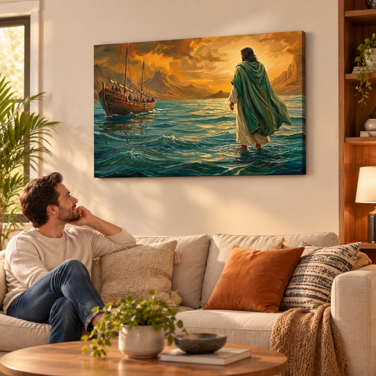 Jesus Walking on Water Stormy Seas Canvas Wall Art | 5-Panel Level & Diamond | 3 & 1 Panel