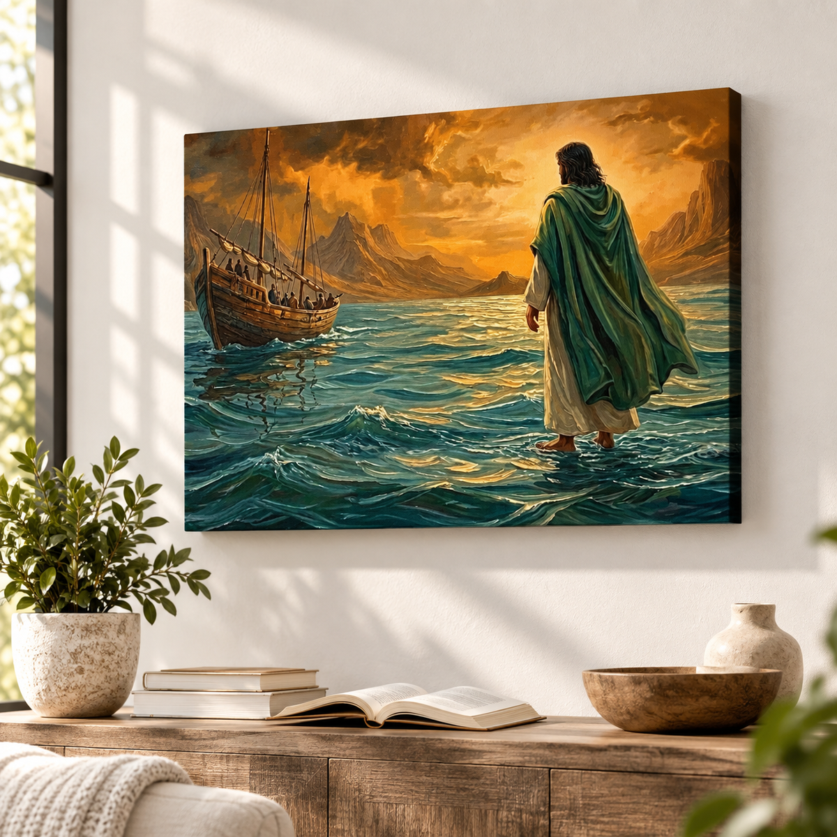 Jesus Walking on Water Stormy Seas Canvas Wall Art | 5-Panel Level & Diamond | 3 & 1 Panel