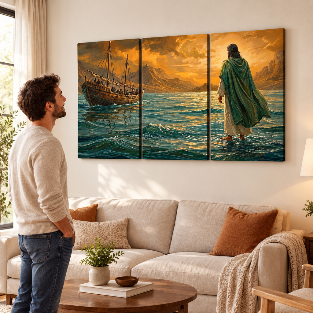 Jesus Walking on Water Stormy Seas Canvas Wall Art | 5-Panel Level & Diamond | 3 & 1 Panel
