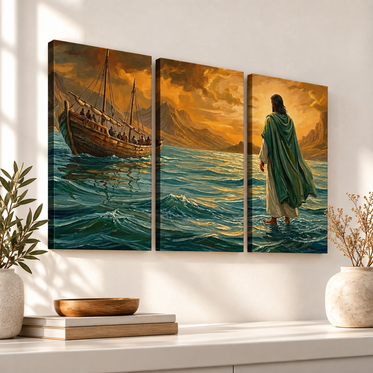 Jesus Walking on Water Stormy Seas Canvas Wall Art | 5-Panel Level & Diamond | 3 & 1 Panel