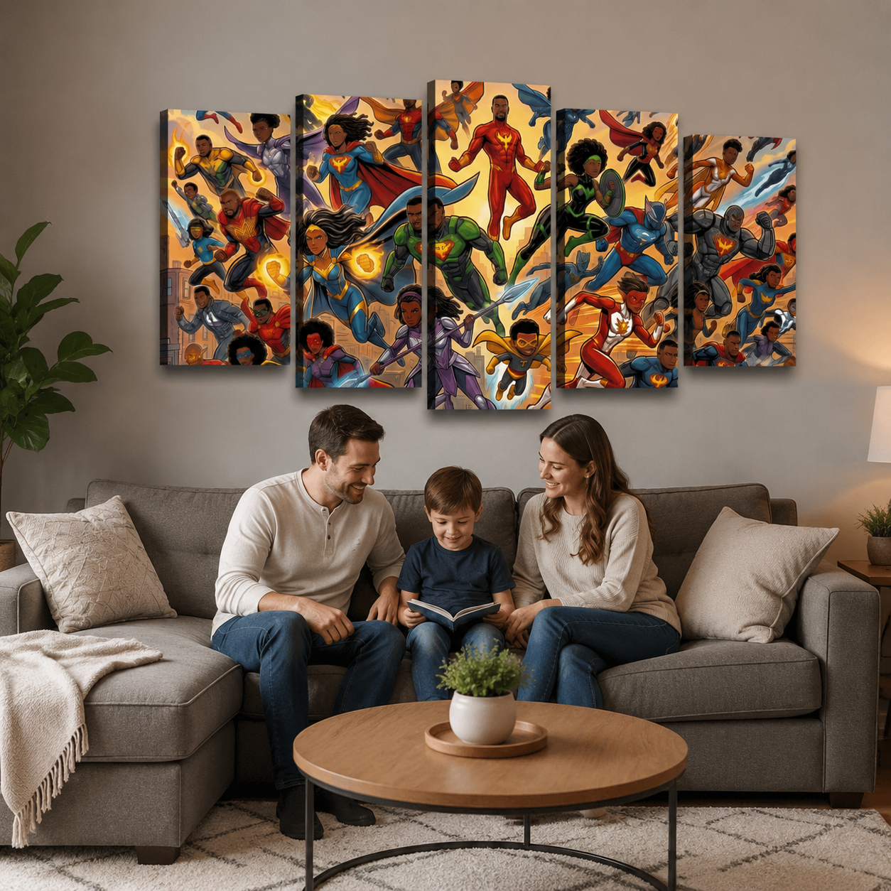 Kids Superhero Canvas Wall Art – Multi-Panel Action Print for Boys & Girls | 3 & 5 Panel Bedroom Décor