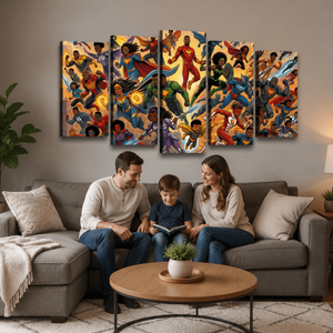 Kids Superhero Canvas Wall Art – Multi-Panel Action Print for Boys & Girls | 3 & 5 Panel Bedroom Décor