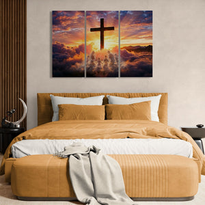 Bedroom with a large bed and a triptych painting of a cross and angels in the sky.