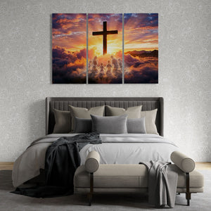 Bedroom with a large wall art piece featuring a cross and angels against a sunset sky.