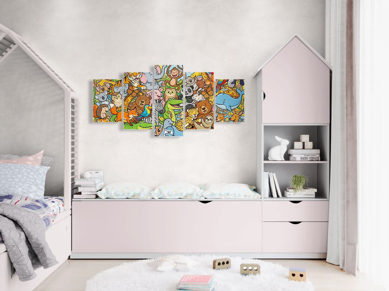 Children's room with a bed, shelves, and colorful wall art.