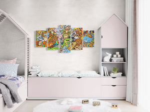 Children's room with a bed, shelves, and colorful wall art.