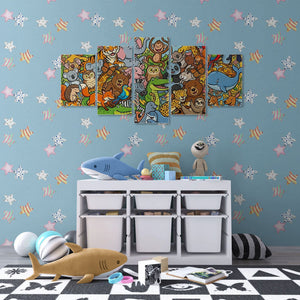 Children's room with colorful wall art, toys, and a white storage unit.