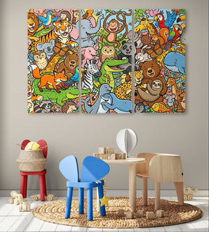 Colorful animal-themed wall art in a child's room with furniture and toys.