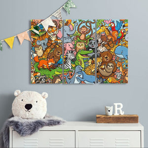 A three-panel canvas wall art set featuring a colorful cartoon jungle animal illustration, displayed on a light gray wall above a white storage cabinet with a plush bear and small decor items.