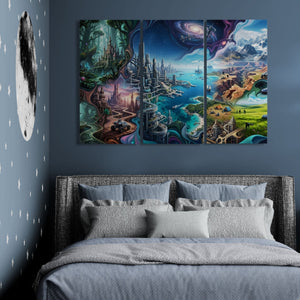 Futuristic cityscape painting on a wall above a bed with blue bedding.