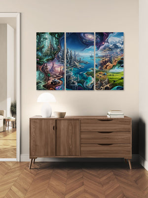 Wooden sideboard with a triptych painting of fantasy landscapes on a wall.