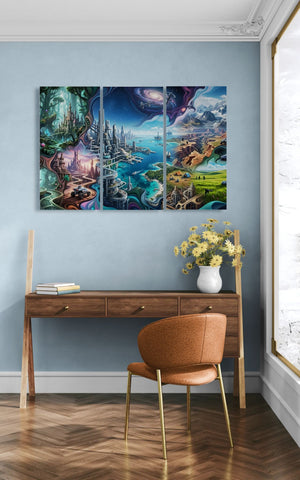 Room interior with a large wall art piece depicting various landscapes, a wooden desk, and a brown chair.
