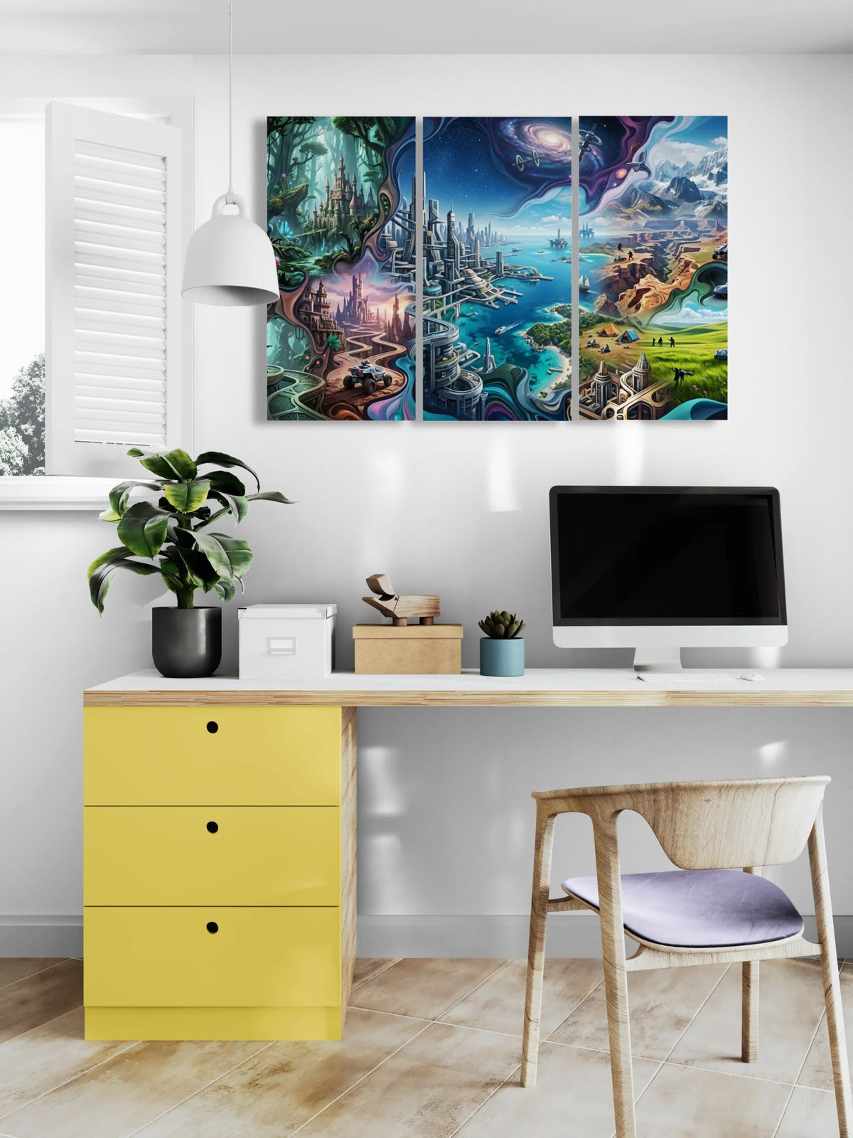 Modern home office with a yellow desk, computer setup, and colorful wall art.