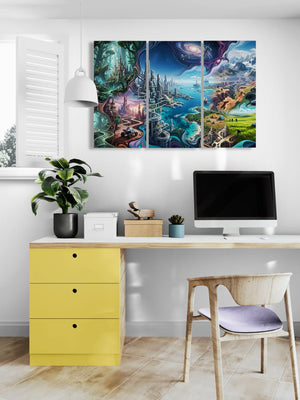 Modern home office with a yellow desk, computer setup, and colorful wall art.
