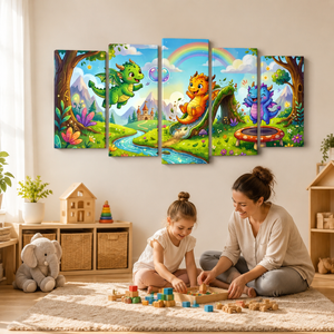 Playful Dragons Canvas Wall Art – Kids Fantasy Print | 1, 3 & 5 Panel Bedroom & Playroom Décor