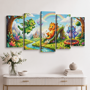 Playful Dragons Canvas Wall Art – Kids Fantasy Print | 1, 3 & 5 Panel Bedroom & Playroom Décor