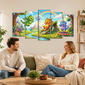 Playful Dragons Canvas Wall Art – Kids Fantasy Print | 1, 3 & 5 Panel Bedroom & Playroom Décor