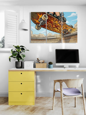Modern office setup with a desk, chair, and colorful wall art.