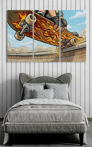 Bedroom with a large wall art of a flaming skateboard above it.