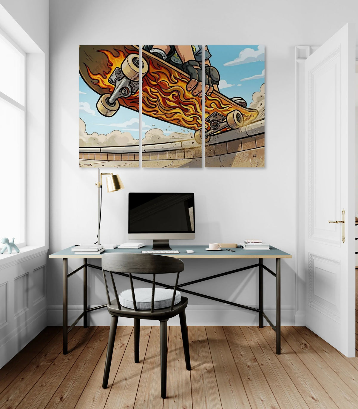 Modern office with a desk and chair, featuring a large wall art of a skateboard with flames.