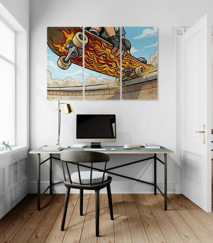 Modern office with a desk and chair, featuring a large wall art of a skateboard with flames.