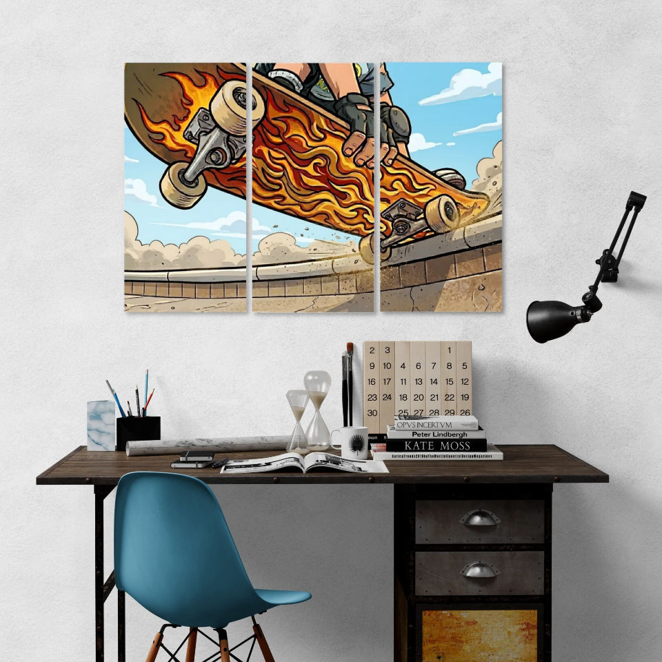 Skateboarder with flames on a three-panel wall art above a desk.
