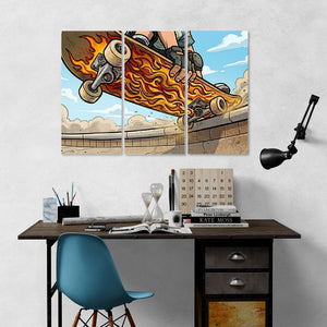 Skateboarder with flames on a three-panel wall art above a desk.