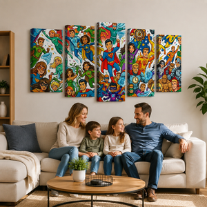Kids Superhero Canvas Wall Art – Bold Action Print for Boys & Girls | 1, 3 & 5 Panel Bedroom Décor