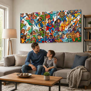 Kids Superhero Canvas Wall Art – Bold Action Print for Boys & Girls | 1, 3 & 5 Panel Bedroom Décor