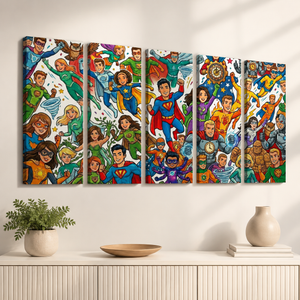 Kids Superhero Canvas Wall Art – Bold Action Print for Boys & Girls | 1, 3 & 5 Panel Bedroom Décor